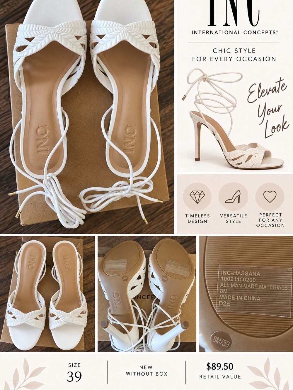 NWOB INC International Concepts White Lace-Up Braided Heels